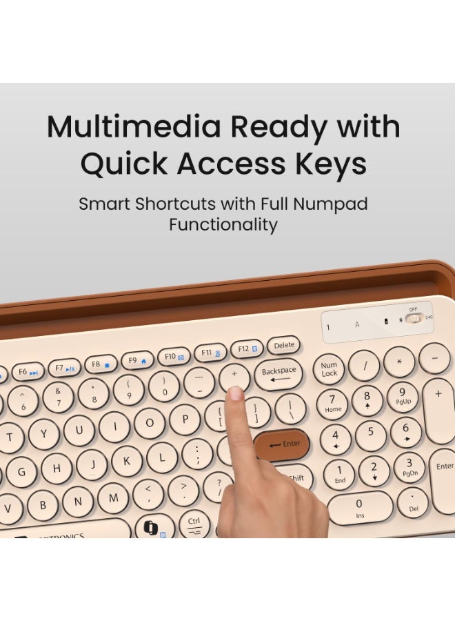 بورترونيكس Portronics Bubble 3.0 Wireless Keyboard with Bluetooth + 2.4 GHz USB Receiver, Rechargeable Battery, Dual Height Adjustment, Multimedia Hotkeys with Numpad, for Laptop, PC, Smartphone, Tablet(Beige) - Image 5